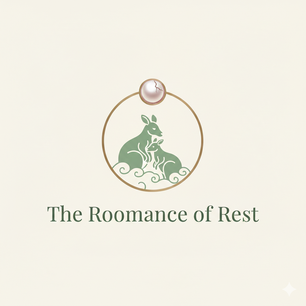 The Roomance of Rest brand logo, sage green and cream minimalist kangaroo illustration representing maternal rest and grace.